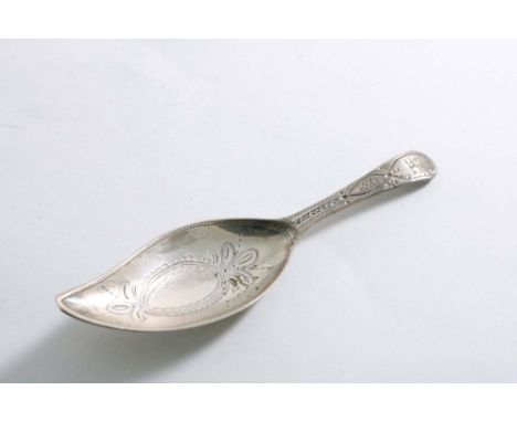 A GEORGE III BRIGHT-ENGRAVED CADDY SPOON with a leaf-shaped bowl and a slender stem, crested by Thomas Wallis, London 1806;  