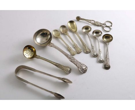 A MIXED LOT:- A Queen's pattern sauce ladle, crested, a pair of sugar nips, a pair of sugar tongs, crested, a pair of salt sp