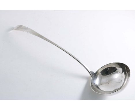 A GEORGE III IRISH LARGE SOUP LADLE with a circular bowl, crested, by S. Neville, Dublin 1802 with the retailer's mark of "GI