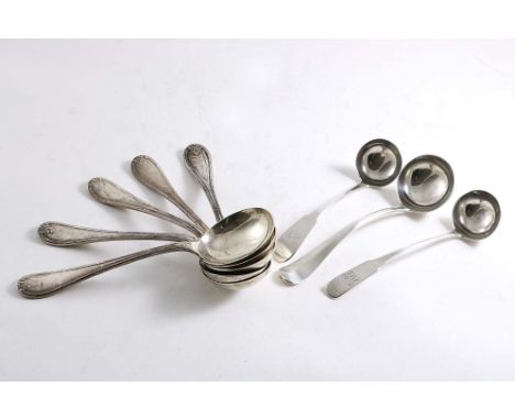 A SET OF FIVE EARLY 20TH CENTURY SOUP SPOONS with reed and ribbon borders and leaf terminals, by Mappin &amp; Webb, Sheffield