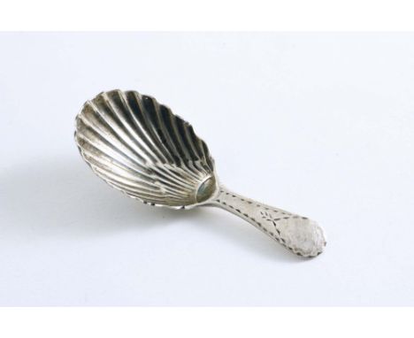A GEORGE III SCOTTISH PROVINCIAL CADDY SPOON with a bright-cut stem and a fluted bowl, by James Orr of Greenock with Edinburg