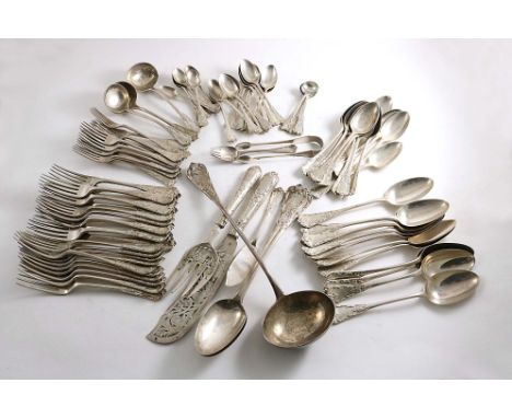 A VICTORIAN CANTEEN OF STRAIGHT TUDOR PATTERN FLATWARE &amp; CUTLERY INCLUDING:- Twelve table spoons,           twenty three 