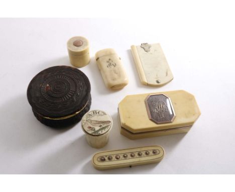 AN 18TH CENTURY TORTOISESHELL SNUFF BOX with engine-turned decoration and gilt metal mounts, an ivory and gold pique toothpic