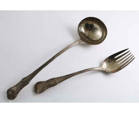 A WILLIAM IV QUEEN'S PATTERN SOUP LADLE crested, by William Eaton, London 1833, and an Hourglass pattern serving fork, creste