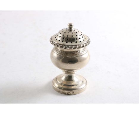 A 19TH CENTURY INDIAN COLONIAL PEPPER CASTER with a bulbous body, inscribed "PEPPER", domed cover &amp; ball finial, by Hamil