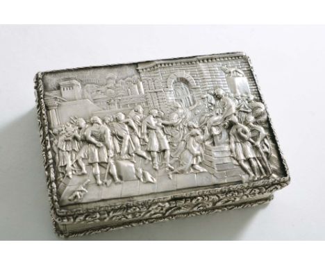 NAVAL INTEREST:- A George IV rectangular snuff box with engine-turning and raised floral borders and thumbpiece, the cover de