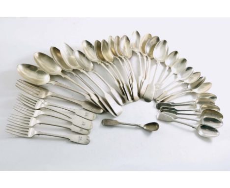 A QUANTITY OF ASSORTED FIDDLE PATTERN TO INCLUDE:- Four table spoons, eleven dessert spoons, five dessert forks,  one table f