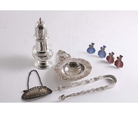 A MIXED LOT:- A Scottish pepper caster by Hamilton &amp; Inches, Edinburgh 1912 (fitted case), a Dutch tea strainer, a pair o