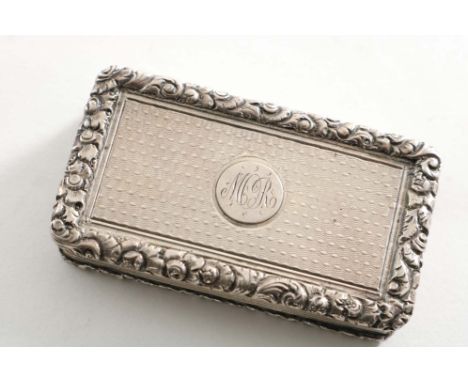 A WILLIAM IV NARROW RECTANGULAR VINAIGRETTE with engine-turned base &amp; cover, reeded sides and raised floral borders, the 