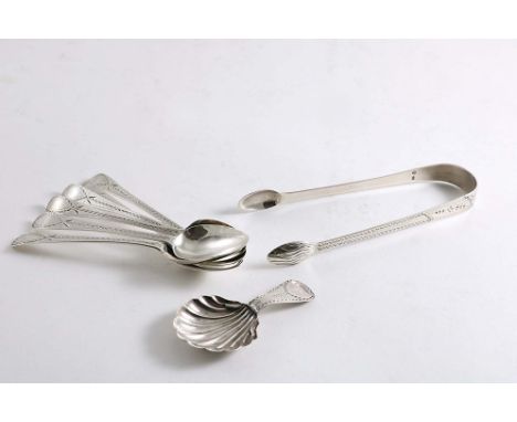 A PAIR OF GEORGE III BRIGHT-CUT SUGAR TONGS by Charles Hougham, London c.1790, a George iII bright-cut caddy spoon with a sca