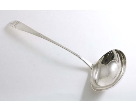 A GEORGE III IRISH PROVINCIAL SOUP LADLE with a pointed end, crested and initialled, by Joseph Gibson, of Cork (GIBSON, STERL