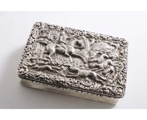 A WILLIAM IV RECTANGULAR SNUFF BOX with an engine-turned base, reeded sides and raised floral borders, the cover cast in reli