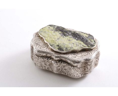 A VICTORIAN, SCOTTISH ENGRAVED SNUFF BOX with a serpentine outline and a chased thumbpiece, the base inset with an oval agate