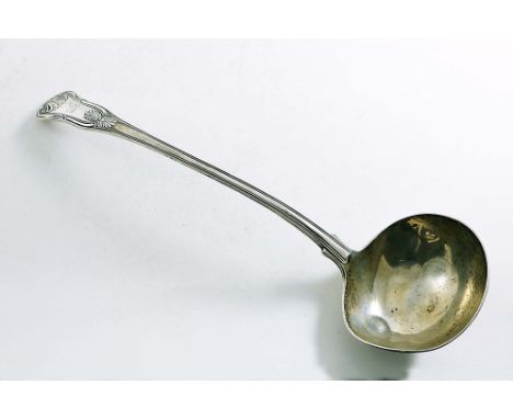 A GEORGE IV KING'S PATTERN SOUP LADLE (Diamond Shell heel), crested, by William Traies, London 1823;  13.5"  (34 cms) long;  