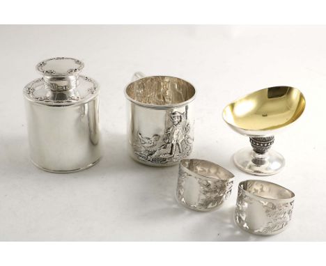 AN EDWARDIAN CYLINDRICAL TEA CADDY with a pull-off cover and stamped borders of tied ribbons &amp; festoons, by R. Martin &am