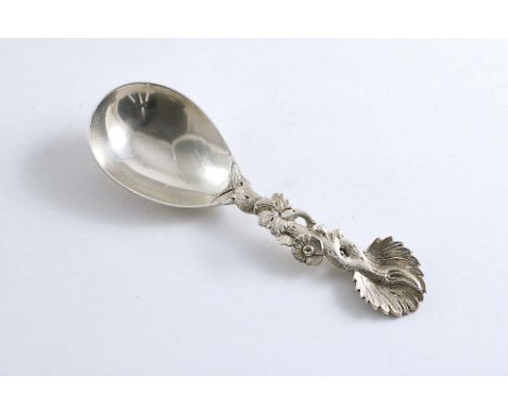 YORK:- A George IV caddy spoon with a cast &amp; pierced naturalistic stem, the back of the bowl initialled "E.F", by Barber,