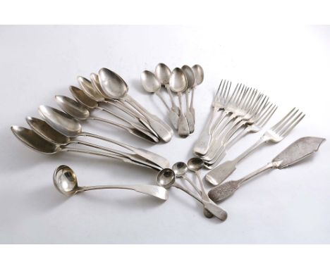 ASSORTED FIDDLE PATTERN FLATWARE &amp; CUTLERY:- Three table spoons (including a pair from York), six dessert spoons (includi