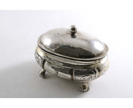 AN 18TH CENTURY RUSSIAN OVAL SUGAR BOX on four scroll feet with a domed cover &amp; ball finial, crested, probably by Vasily 