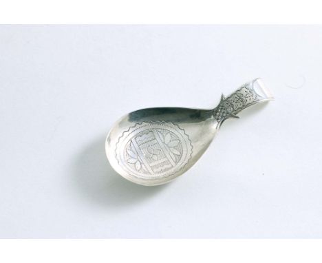 A GEORGE III ENGRAVED CADDY SPOON with shoulders and a drop-shaped bowl, by Cocks &amp; Bettridge, Birmingham 1811;  2.9"  (7