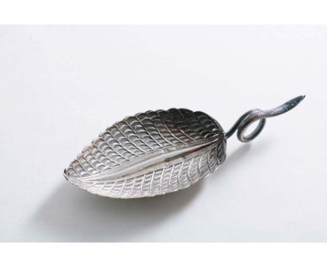 A GEORGE III "LEAF" CADDY SPOON with a coiled serpent handle, by Matthew Linwood, Birmingham 1808;  3.45"  (8.6 cms) long;  0