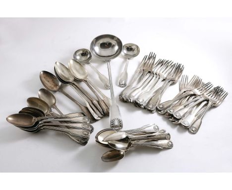 A WILLIAM IV PART SET OF FIDDLE, THREAD &amp; SHELL PATTERN FLATWARE (with rare Thread heel), including:- Six table spoons,  