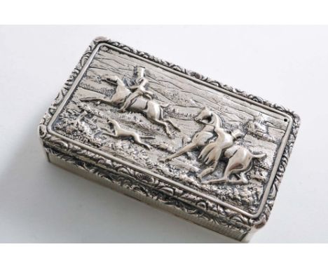 A GEORGE IV RECTANGULAR SNUFF BOX with engine-turned sides and base and a raised border &amp; thumbpiece, the cover chased in