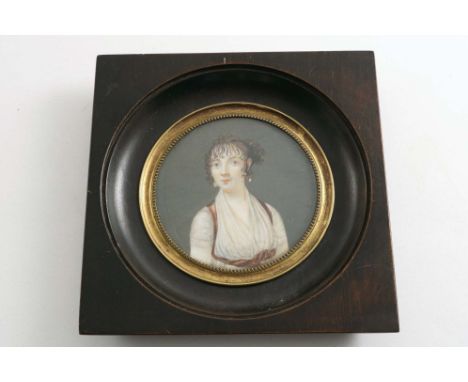 AN EARLY 19TH CENTURY PORTRAIT MINIATURE  of a young lady in a cream dress with a brown satin sash in a square wooden frame w