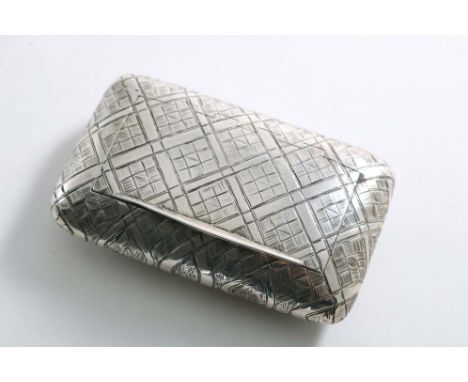 A GEORGE III CUSHION-SHAPED SNUFF BOX with a concealed hinge, engraved all over with a lattice-work of ribbons, gilt interior