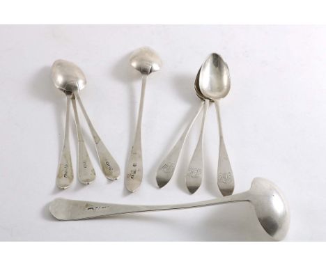 SCOTTISH PROVINCIAL:- A set of six George III tea spoons and a matching masking spoon with pointed ends, initialled "PH", by 