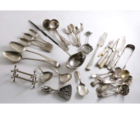 A MISCELLANEOUS LOT:- Two table spoons, a pair of Scottish toddy ladles, two caddy spoons, eleven tea spoons, six condiment s