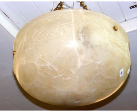 A large Art Deco style alabaster ceiling light with gilt chains, having floral relief work swags