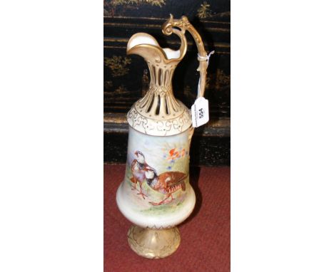 A blush ivory porcelain ewer with hand painted Partridge decoration - possibly Worcester - 40cm high