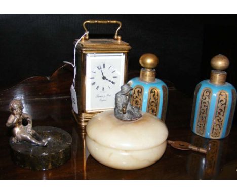 Brass cased mantel clock, pair of glass perfume bottles, etc.