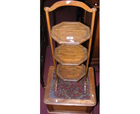 An oak three tier folding cakestand and a Victorian commode