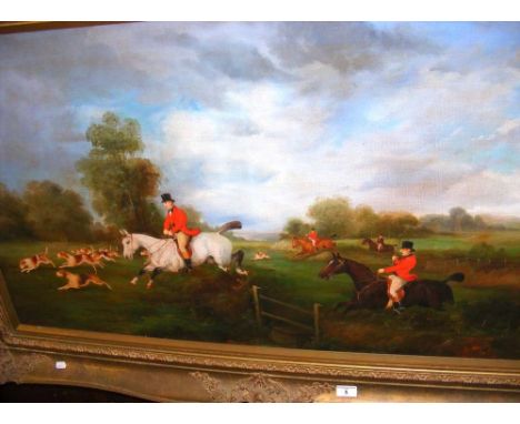 ENGLISH SCHOOL - 59cm x 105cm - oil on canvas - extensive hunting scene - indistinctly signed