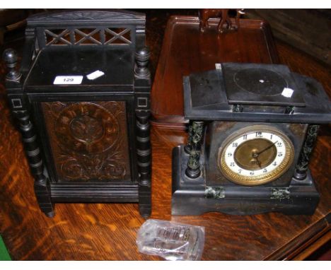 Slate cased mantel clock timepiece and a wooden cased ditto
