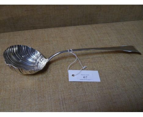 Georgian silver soup ladle, indistinct London marks, circa 1750, Old English, the bowl later shell chased, 34.5cm, 6ozt  