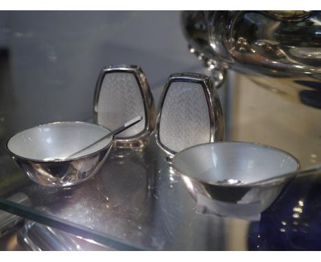 Danish Modern silver and enamel condiment set, Anton Michelsen, Copenhagen (active c. 1950-70), comprising a pair of pepperet