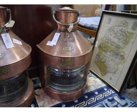 A copper ship's lantern, c. 1900, Port, with brass plaques and maker's name, M.P. Galloway, Leith. Excluding handle 55cm Note