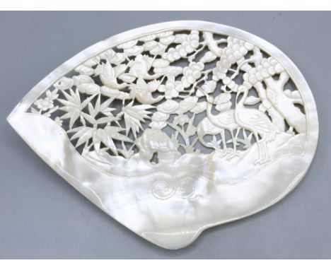 Vintage Chinese reticulated mother of pearl shell carved with birds and trees, W18cm