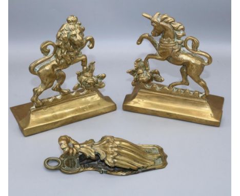 Victorian Merry Phipson and Parkers brass letter clip, with embossed floral and foliate decoration, L12cm; and a pair of vint