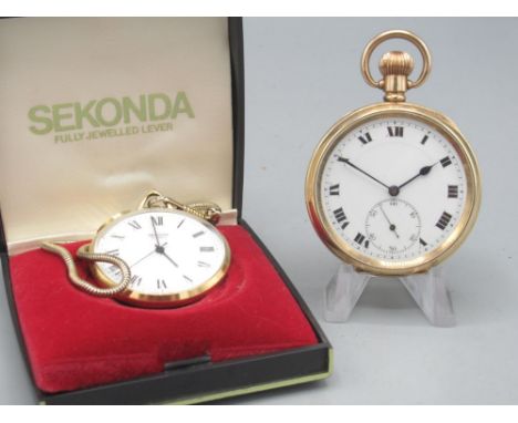 Buren rolled gold keyless pocket watch, stepped white enamel Roman dial, subsidiary seconds, Dennison Watch Case Co. Sun case