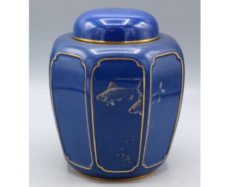 Royal Worcester Sabrina Ware panelled ginger jar and cover, blue glaze with gilt highlights and fish, H17cm