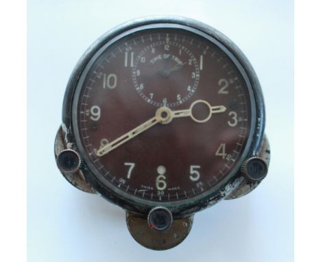 Early 8 Day cockpit clock. Time Trip subsidiary dial. Maker unknown but with a Swiss movement. In good working order