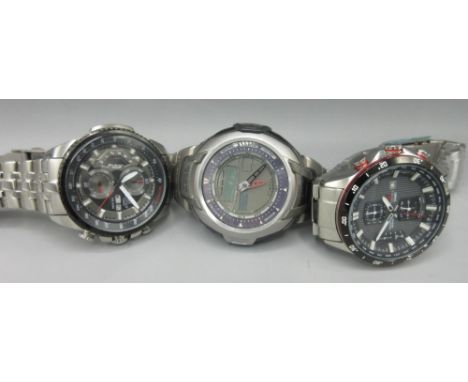 Casio Edifice stainless steel quartz chronograph wristwatch with day date, signed black dial, three subsidiary dials, chronog