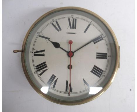 20th Century Smiths Clocks &amp; Watches Ltd, Royal Navy Issue brass ships bulkhead clock, 8" cream painted Roman dial, centr