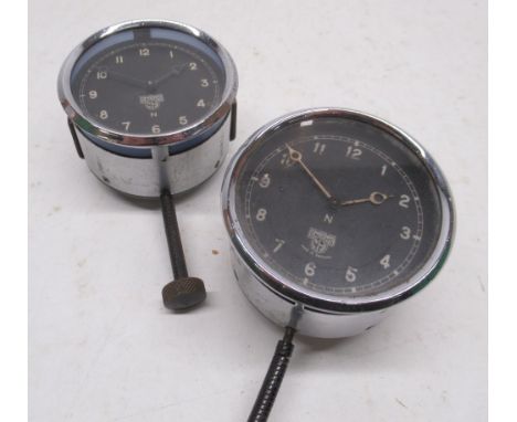 Smiths 8 day chrome car clock, signed black Arabic dial, no. X38185/748910 and similar Smiths car clock, no. X24011/62956, D8
