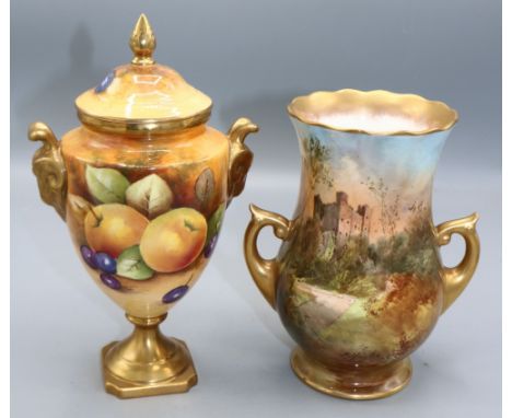 Royal Doulton 'Rochester Castle' two handled vase decorated by J Hughs, H16cm; and a Coalport urn vase, decorated with fruit 
