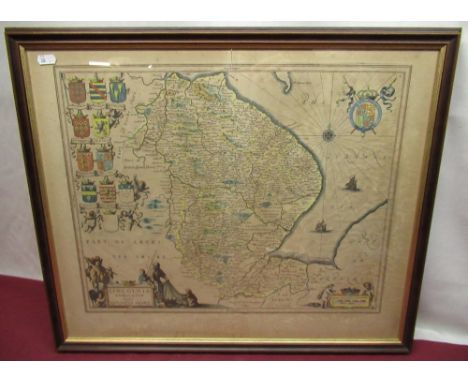 Jan Jansson: Lincolnia Comitatus Anglis Lyncolneshire C17th hand coloured map with compass, ships and coats of Arms, 46cm x 5