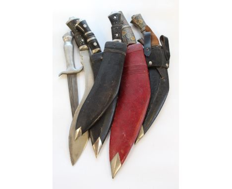 Collection of five Kukris and a horse hoof-shaped stainless steel hunting knife. (6)